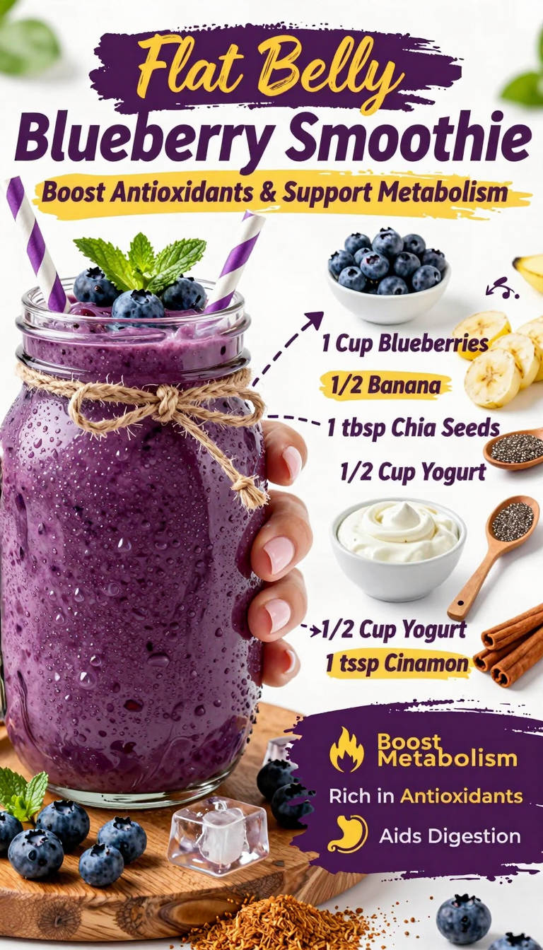 An infographic recipe for a "Flat Belly Blueberry Smoothie"